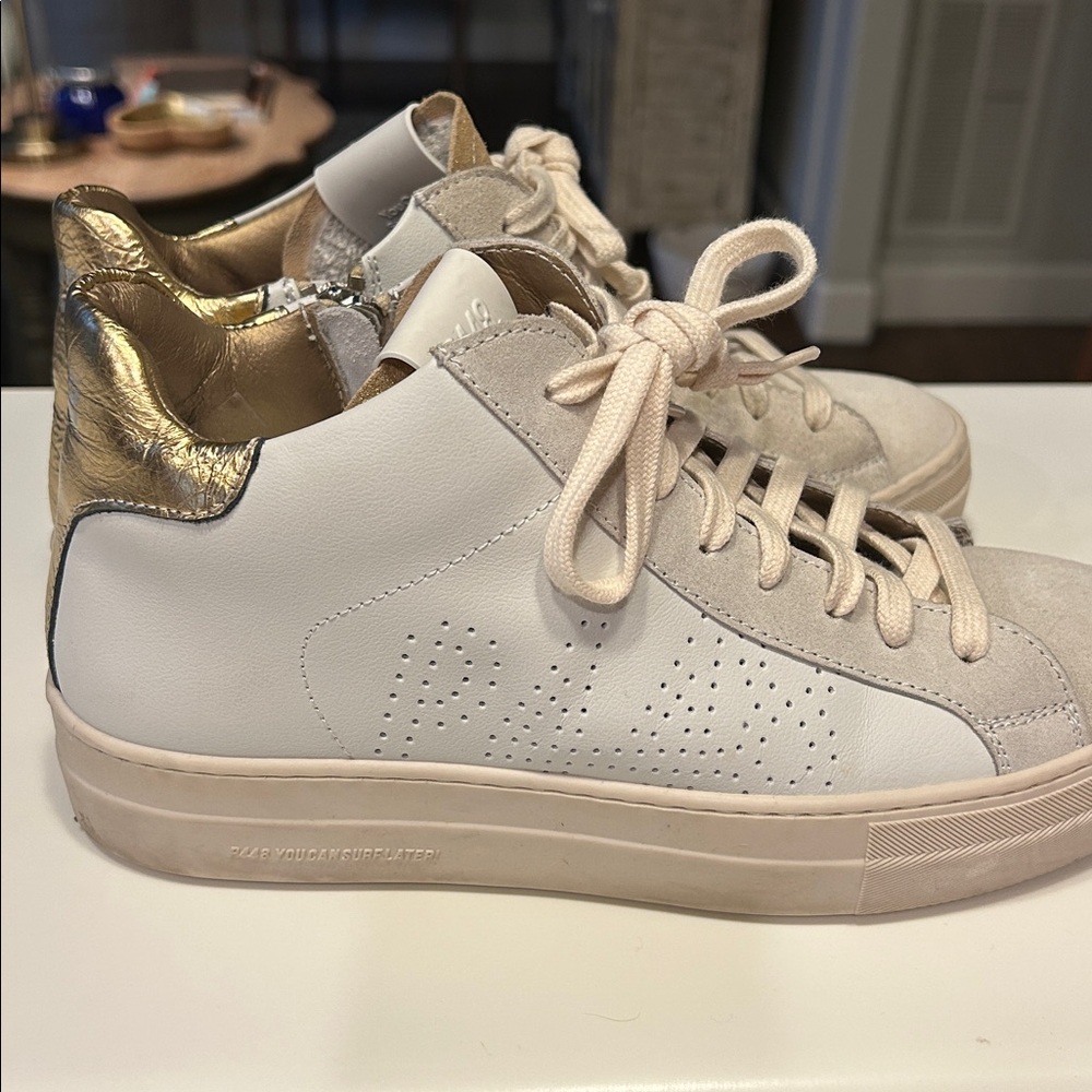 P448 High-Top Sneakers LN Gold /White Sz 39 (9) side zip - Picture 3 of 4